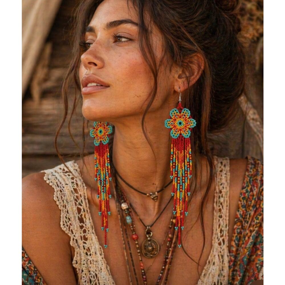 Colorful Boho Floral Fringe Beaded Earrings New